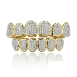 Grillz Dental Grills Hip Hop Uomo Donna Street Fashion Grado Qualità Bling Zirconia Micro pavimentato Denti Bretelle Lusso Placcatura in oro 18 carati Co Ot8Md