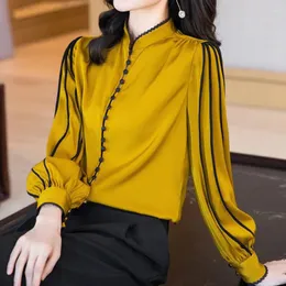 Damenblusen Gelb und Schwarz Echtseide Hemd Frühling Herbst Modebluse 2024 Langarm Rundhals Elegant Lässig Koreanischer Stil