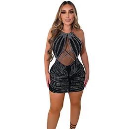 2024 Designer Sexy Diamanten Kleider Frauen Luxus Neckholder Rückenfreies Minikleid Mesh Durchsichtig Abend Party Kleid Clubwear Großhandel Kleidung 10527