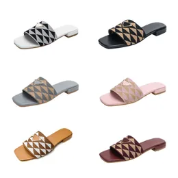 Women Designers Embroidered Slide Sandals Flats Slides Black Tan Triangle Jacquard Flat Sandals Black Beige Flip Flops Summer Outdoor Shoes 36-42