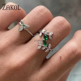 Cluster Rings Zakol Mew Green Round Cubic Zirconia Open Rings for Women Olive Leaf Finger Ring Femla Fashion Wedding Party Jewelry YQ240109