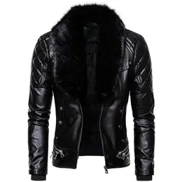 Design Motorcycle Bomber Add Wool Leather Jacket Men Autumn Turn Down Fur Collar Removable Slim Fit Male Warm Pu Coats 240108