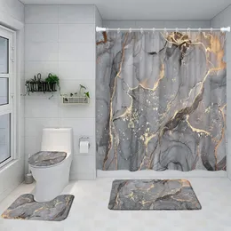 Gray Golden Crackle Marble Shower Curtain Set Modern Creative Marble Texture Fabric Bathroom Decor Curtain and Non-Slip Bath Mat 240108