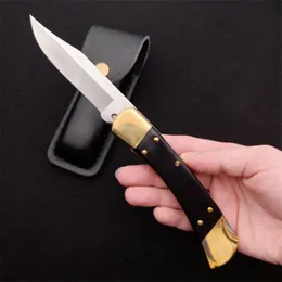 Coltello pieghevole tattico classico 110 AUTO di alta qualità 440C lama satinata in ebano con manico in ottone Coltelli tascabili EDC con fodero in pelle