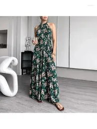 Casual Dresses Zoctuo Flower Print Womens Elegant Sleeveless Off Shoulder Sexy Halter Patchwork Skirt INS Ladies Summer Long