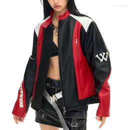 Damenjacken Vintage amerikanische Kontrastfarbe Motorrad Lederjacke Frauen Mantel hochwertige würzige Mädchen kurze Harajuku Goth