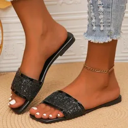 Pantoufles Grande Taille Bling Strass Femmes Sandales Chaussures 2024 Semelle Plate Diapositives Plage Zapatos De Mujer Intérieur PU Tongs