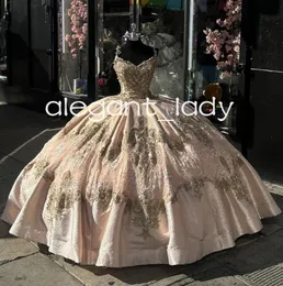 Champagne Pink Sparkly Princess Quinceanera Dresses Gillter equins headique adutido vestido xv anos prom sweet 15 dont