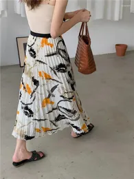 Röcke ZCSMLL Sommer Plissee Für Frauen 2024 Floral Chiffon Weiß EINE Linie Lange Midi Hohe Taille Rock Koreanische Mode Kleidung