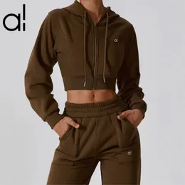 Jacket AL Yoga 3D Micro Cropped Sweatshirts Full Zip Plush Hoodies Break Line Jongging Sportswear High Waisted Sweatpants