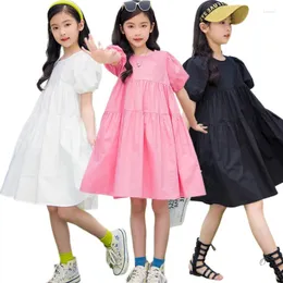 Girl Dresses Girls Summer Cake Dresst 2024 Teen Pure Cotton Bubble Short-Sleeved Wear Children White Loose Skirt Black Princess