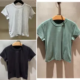 Mulheres Camisetas Luxo Designer Roupas Mulheres Cor Sólida Em Torno Do Pescoço Top Com Cinza Impresso Manga Curta T-shirt Versátil