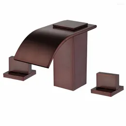 Torneiras de pia do banheiro Navio livre óleo esfregado bronze generalizado 3 furos quadrado cachoeira torneira misturadora deck montado