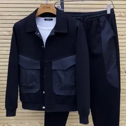 Roupas de ginástica masculinas primavera e outono lavado denim terno moda marca jaqueta coreano macacão masculino casual magro preto de duas peças