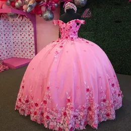 Pink 3D Flowers Floral Appliques Lace Tull Quinceanera Dresses Ball Gown Off The Shoulder Corset Vestidos 15 De XV Anos