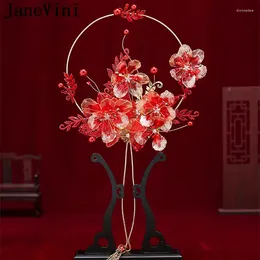 Bröllopsblommor Janevini Vintage Chinese Style Red Bride Bridal Fan Artificial Handgjorda pärlor Pearls Hollow Bouquet Fleur