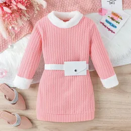 Girl Dresses Children Baby Girls Autumn Casual Princess Dress Pink Long Sleeve Plush Collar Cable With White Belt Bag