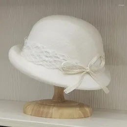 Береты, шерстяная зимняя шапка для женщин, фетровая шапка с сетчатым бантом, ведро-котелка, женская Федора, фетровая шляпа, чаепитие, свадьба