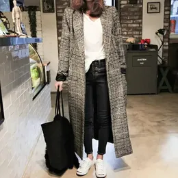 Autumn/Winter Korean Version Woolen Coat Women's Mid Length Coat Slim Fit British Plaid tyg Windbreaker Women S-2XL 240104
