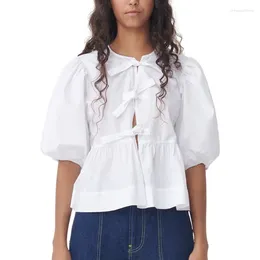 Blusas femininas primavera verão meninas laço-up peplum topo em algodão manga puff preto branco bonito para moda feminina 2024