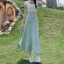 Mint Green Denim Mermaid Skirt High Waist A-Line, Chic Vintage Style,  Casual Summer Autumn Skirt, Button Detail, Women's Fashion