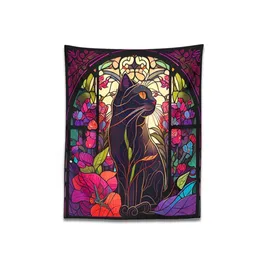 Mystery Cat Tapestry Wall Hanging Stained Glass Floral Wall Art Print Cute Cat , Modern Art Wall Hanging