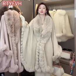 Moda sólida artesanato pele capa xale feminino inverno longo malha cashmere poncho casaco envolve falso pashmina manto solto senhora 240108
