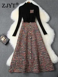 レディースファッション秋の冬2枚のドレスセット女性パーティー衣装ブラックセータートップとロングツイードウールスカートスーツTwinset 240109