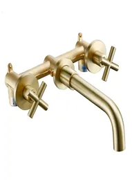 Brass Brushed Gold Basin Faucet Double Handle Brass Surface Bathroom Pool Faucet Water Bathroom Accessories9448501