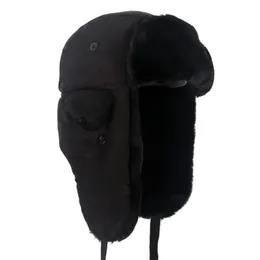 2023 Ushanka Earflap Hats Warm Winter Black Bomber Hat Men faux poll Rysk stil Gorros de Aviador 240108