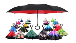 Hela butiken 57 mönster soligt regnigt paraply omvänd vikning inverterade paraplyer med C -handtag dubbel lager inifrån och ut WindProo8079032