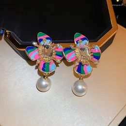 Orecchini pendenti Minar INS moda strisce multicolori smalto imitazione perla fiore di Rhineston lungo per le donne Gioielli all'ingrosso