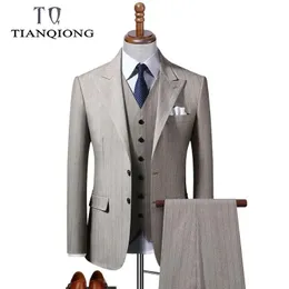 Giacche Tian Qiong Brand Stripe Abiti da sposa per uomo Slim Fit Abiti da uomo d'affari Abito di lana di alta qualità Giacca formale + pantaloni + gilet