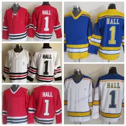 Maillots de hockey Vintage Glenn Hall pour hommes, chemises cousues n ° 1, bleu, blanc, rouge, maillot de glace classique 34