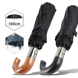 British Leather Handle Umbrella Men Automatic Business 10Ribs Strong Windproof 3 Folding Big Rain Woman Quality Parasol 240109
