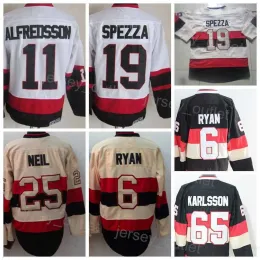 Homens Retro Hóquei 25 Chris Neil Jersey Vintage Clássico 11 Daniel Alfredsson 6 Bobby Ryan 65 Erik Karlsson 19 Jason Spezza Preto Branco Bege 83