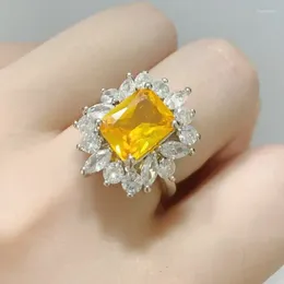 Кольца кластера, роскошное великолепное большое желтое циркониевое женское обручальное кольцо, благородный цветок, кристалл, помолвка, подарок на годовщину, ювелирные изделия для невесты