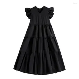 Abiti per ragazza Estate Manica per ragazza 2024 Abito da principessa Abbigliamento per bambini 7 8 9 10 11 12 anni Colore nero Scollo a V