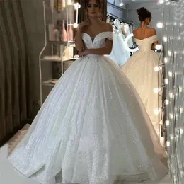 Long Train Ball Wedding Dresses Bling Lace Gowns Off Shoulder Shiny Appliqued Sequins Plus Size Robe De Mariee Designer Arabic Mulslim Bridal Gown 403