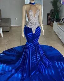Blå sliver kunglig halter kristall pärlor balklänningar sjöjungfru elegant klänning för födelsedagsfest se genom sexiga klänningar afrikanska