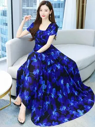 Party Dresses Women Clothes For Summer 2024 Long Dress Vintage Chiffon V-Neck Blue Floral Boho Eleganti Evening Korean Fashion