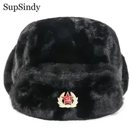 Supsindy 소비에트 배지 Ushanka 남자 여자 폭격기 모자 CCCP 군대 조종사 Trapper 기병 모자 겨울 가짜 토끼 털 귀구 눈 캡 240108