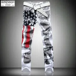 Jeans da uomo Jeans da uomo Bandiera americana stampata Streetwear Pantaloni casual Moda Harajuku Alta elasticità Slim Pantaloni in denim dritti Hip HopL240109