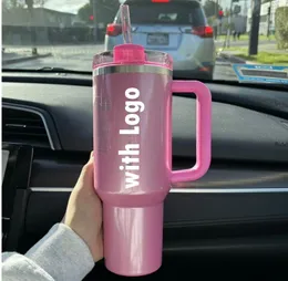 Winter Comso Pink Parade with 1:1 logo Quenched H2.0 40oz tumblers cups With handle lid and straw Red Target Travel car Mugs stainless steel coffee tumbler 0401