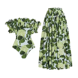 Camis floral impressão de uma peça maiô 2023 nova moda babados biquinis vintage fatos de banho verão praia wear verde banho monokini