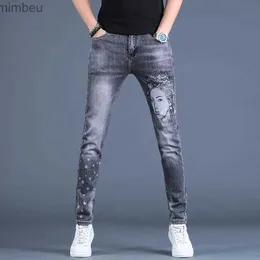 Herrenjeans Korea-Version Herren edle graue Jeans Hochwertige schlanke JeansLight Luxury Beauty Print Lässige JeansSexy stilvolle Straßenjeans ;L240108