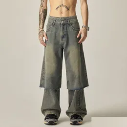 Pantalones de talla grande para hombres Streetwear Jeans anchos de gran tamaño falsos de dos piezas de doble capa Jean para hombre recto lavado azul relajado ajuste gota de dhpqv