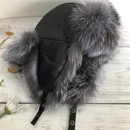 Unisex prawdziwy srebrny lis futra rosyjska Ushanka zima ciepły lotnik traper bombowy narciarstwo narciarskie Cap247n