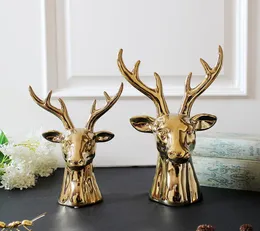 Nordic Gold Deer Head Figurine in ceramica per la decorazione domestica Ufficio Bar Tavolo da pranzo Accessori per soggiorno Pezzo d'arte da collezione7629529