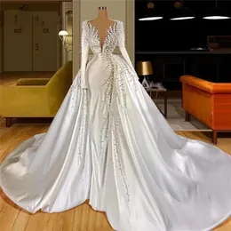 드레스 2023 Crystal Luxury Mermaid Wedding Dresses 신부 가운 스위프 트레인 긴 소매 반짝임 라인 스톤 두바이 멍청이 드 노비아 커스텀